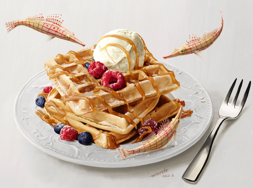 absurdres blueberry dated fish floating food food_focus fork fruit highres ice_cream no_humans original plate raspberry shadow signature surreal syrup tainosuke waffle