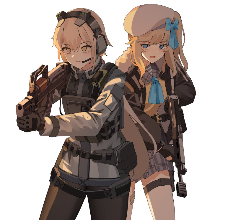 2girls absurdres aiming assault_rifle beret black_pantyhose blonde_hair blue_eyes blue_ribbon bullpup commentary counter-strike_(series) counter_strike:_global_offensive cowboy_shot english_commentary frown fur_collar gar32 gauze girls'_frontline_2:_exilium girls_frontline gloves gun hair_between_eyes hat headset highres holding holding_gun holding_weapon long_sleeves looking_away magazine_(weapon) multiple_girls muzzle_brake neck_ribbon one_side_up open_mouth ots-14 ots-14_(girls'_frontline) pantyhose parody plaid plaid_skirt plate_carrier ribbon rifle shirt short_hair shotgun side_ponytail skirt smoke_grenade standing striped striped_shirt tactical_clothes thigh_pouch vepley_(girls'_frontline_2) vepr-12 vertical_foregrip vest weapon white_background white_headwear yellow_eyes yellow_vest