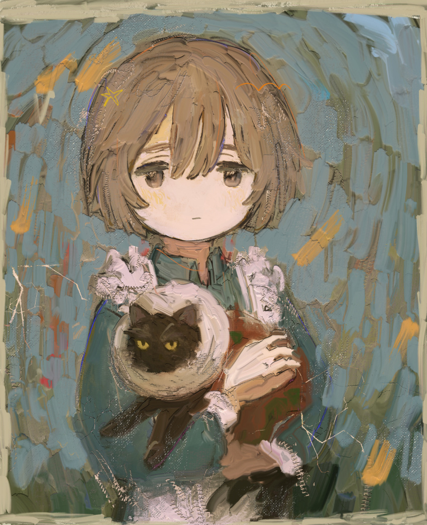 1girl :| absurdres animal apron black_cat blue_shirt blush border brown_eyes brown_hair cat ciel_(paradis47) closed_mouth clothed_animal collared_shirt expressionless faux_traditional_media frilled_apron frills hair_between_eyes highres holding holding_animal holding_cat impasto jitome long_sleeves neck_ruff original painterly shirt short_hair white_apron