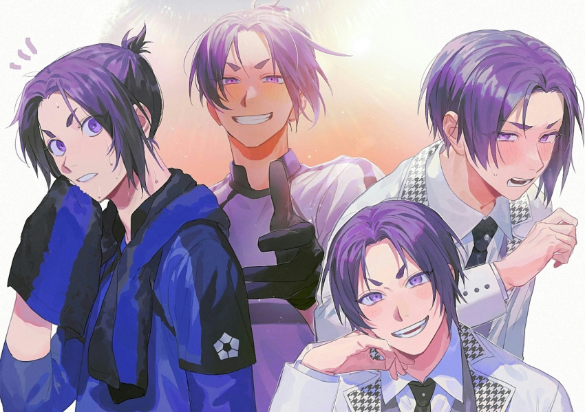 1boy awamoko black_gloves black_necktie blue_lock blue_shirt blush collared_shirt gloves grin hand_up head_rest holding holding_towel jacket long_sleeves looking_at_viewer male_focus mikage_reo necktie open_mouth purple_hair shirt short_hair short_ponytail smile soccer_uniform sportswear teeth towel upper_body v-shaped_eyebrows violet_eyes white_background white_jacket white_shirt