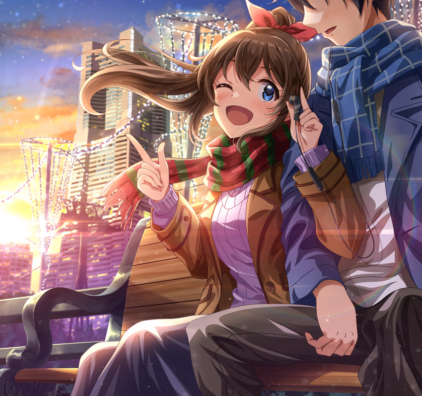 1boy 1girl artist_request bench blue_eyes blue_jacket brown_hair brown_jacket building earphones hair_ribbon highres idolmaster idolmaster_million_live! idolmaster_million_live!_theater_days jacket long_hair long_skirt one_eye_closed open_mouth outdoors plaid plaid_scarf ponytail producer_(idolmaster) ribbon satake_minako scarf skirt sweater twilight