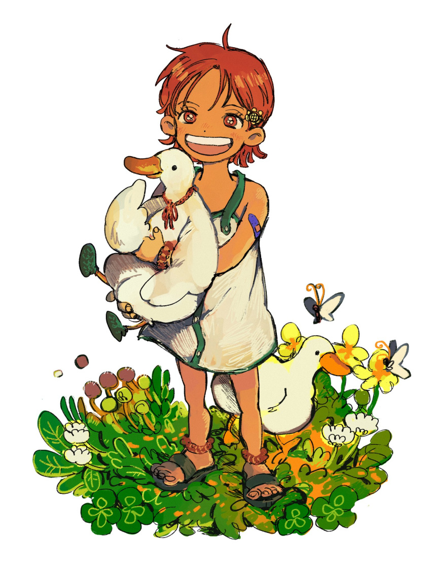 1girl aged_down animal bandaid bare_legs bird bug butterfly dress duck eyelashes female_child flower highres holding holding_animal looking_at_viewer makenevemoiine nami_(one_piece) on_grass one_piece open_mouth orange_eyes redhead sandals short_hair smile teeth transparent_background upper_teeth_only white_dress