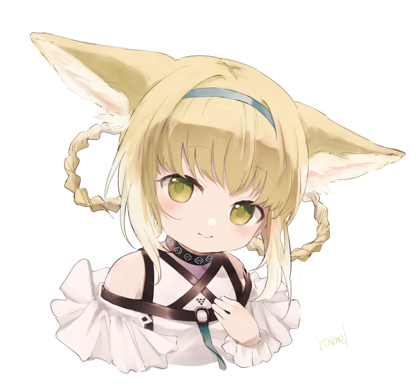 1girl animal_ears arknights artist_name bare_shoulders black_collar blonde_hair blue_hairband blush braid clothing_cutout collar commentary_request cropped_shoulders dress fox_ears fox_girl green_eyes hairband hand_up highres infection_monitor_(arknights) looking_at_viewer oripathy_lesion_(arknights) ramel shoulder_cutout simple_background smile solo suzuran_(arknights) twin_braids white_background white_dress