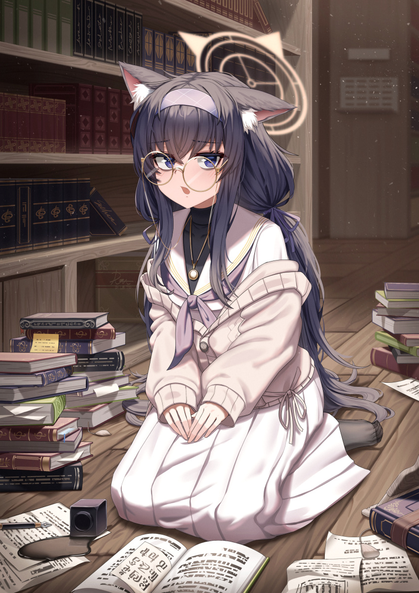 1girl absurdres animal_ear_fluff animal_ears bags_under_eyes black_hair black_undershirt blue_archive blue_eyes blue_hairband book book_stack bookshelf cardigan cat_ears di_le_to glasses grey_cardigan grey_neckerchief hairband halo highres inkwell long_skirt low_twintails neckerchief open_book paper pleated_skirt quill sailor_collar school_uniform seiza serafuku sitting skirt solo twintails ui_(blue_archive) white_sailor_collar white_serafuku white_skirt