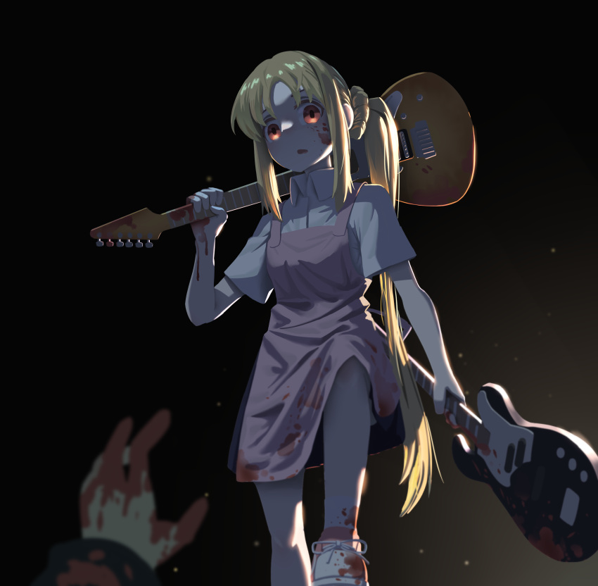 1girl absurdres apron black_background black_skirt blonde_hair blood blood_on_face blood_splatter bocchi_the_rock! brown_eyes dual_wielding english_commentary gradient_background guitar highres holding ijichi_nijika instrument long_hair myjet pink_apron pov pov_hands shirt short_sleeves side_ponytail sidelocks skirt solo_focus very_long_hair white_shirt