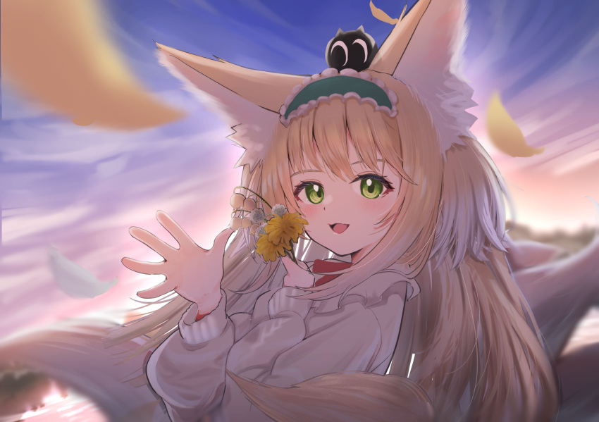 1girl aki_(mkjn5227) animal_ear_fluff animal_ears aqua_hairband arknights black_cat blonde_hair blurry blurry_background blush cardigan cat commentary crossover falling_petals flower fox_ears fox_girl fox_tail frilled_hairband frills green_eyes hairband heixiu highres holding holding_flower kitsune kyuubi lily_of_the_valley long_hair long_sleeves looking_at_viewer luo_xiaohei_zhanji multicolored_hair multiple_tails name_connection neck_ribbon object_namesake official_alternate_costume on_head open_cardigan open_clothes open_mouth petals puffy_long_sleeves puffy_sleeves red_ribbon ribbon solo suzuran_(arknights) suzuran_(spring_praise)_(arknights) tail two-tone_hair upper_body waving white_cardigan white_hair