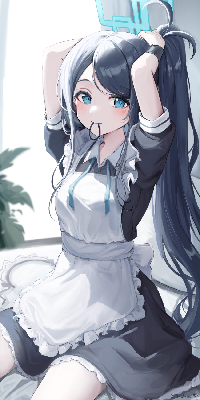 1girl absurdres adjusting_hair apron aris_(blue_archive) aris_(maid)_(blue_archive) black_hair blue_archive blue_eyes blush commentary_request halo highres long_hair looking_at_viewer maid maid_apron miruku_pan mouth_hold official_alternate_costume pantyhose ponytail short_sleeves sitting solo white_pantyhose