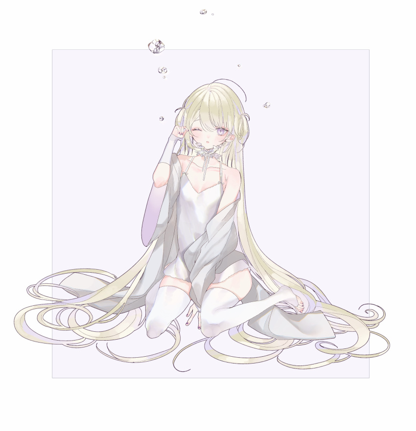 1girl absurdly_long_hair absurdres ahoge bare_shoulders between_legs blonde_hair blush breasts bridal_gauntlets bridal_legwear dress full_body grey_robe hair_ribbon hand_between_legs highres long_hair looking_at_viewer msa_(fary_white) off_shoulder one_eye_closed open_clothes open_robe original ribbon robe short_dress simple_background sitting sleeveless sleeveless_dress slit_pupils small_breasts solo thigh-highs very_long_hair violet_eyes wariza white_background white_dress white_thighhighs