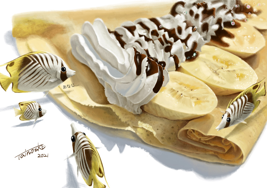 absurdres banana banana_slice butterflyfish chocolate_syrup crepe fish food food_focus fruit highres no_humans original shadow simple_background still_life surreal tainosuke whipped_cream white_background