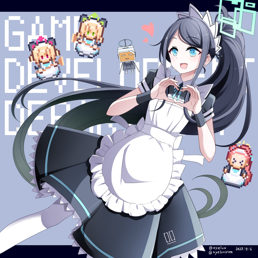 &gt;_&lt; &lt;key&gt;_(robot)_(blue_archive) 4girls absurdres animal_ear_headphones animal_ears apron aris_(blue_archive) aris_(maid)_(blue_archive) black_dress black_hair blonde_hair blue_archive blue_eyes blue_ribbon broom closed_eyes collared_dress commentary_request dated dress fake_animal_ears frilled_apron frills green_eyes grey_background halo headphones heart heart_hands hebitsukai-san highres holding holding_broom maid maid_apron midori_(blue_archive) midori_(maid)_(blue_archive) momoi_(blue_archive) momoi_(maid)_(blue_archive) multiple_girls neck_ribbon pantyhose pixelated pleated_dress ponytail puffy_short_sleeves puffy_sleeves redhead ribbon robot short_sleeves siblings sisters solo_focus swept_bangs twins twitter_username violet_eyes white_apron white_pantyhose yuzu_(blue_archive) yuzu_(maid)_(blue_archive)