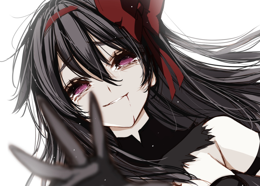 1girl akemi_homura akuma_homura bare_shoulders black_hair bleeding blood gloves highres mahou_shoujo_madoka_magica mahou_shoujo_madoka_magica:_hangyaku_no_monogatari misteor reaching reaching_towards_viewer smile tears teeth violet_eyes white_background