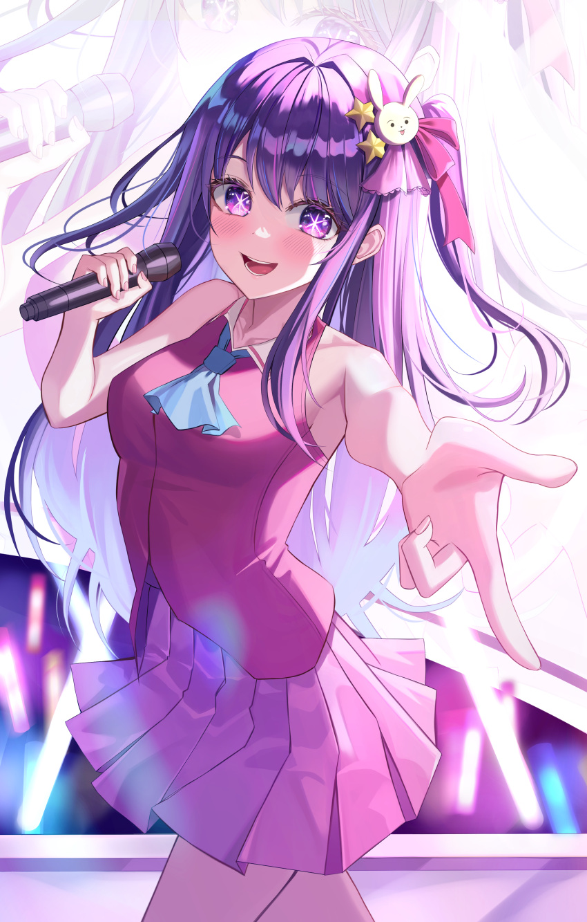 1girl absurdres ascot audience blue_ascot blush collared_dress dress glowstick hair_ornament hasom highres holding holding_microphone hoshino_ai_(oshi_no_ko) idol long_hair microphone one_side_up open_mouth oshi_no_ko pink_dress pink_ribbon pleated_skirt pointing purple_hair rabbit_hair_ornament ribbon sidelocks skirt sleeveless sleeveless_dress smile solo star_(symbol) star_hair_ornament swept_bangs teeth violet_eyes