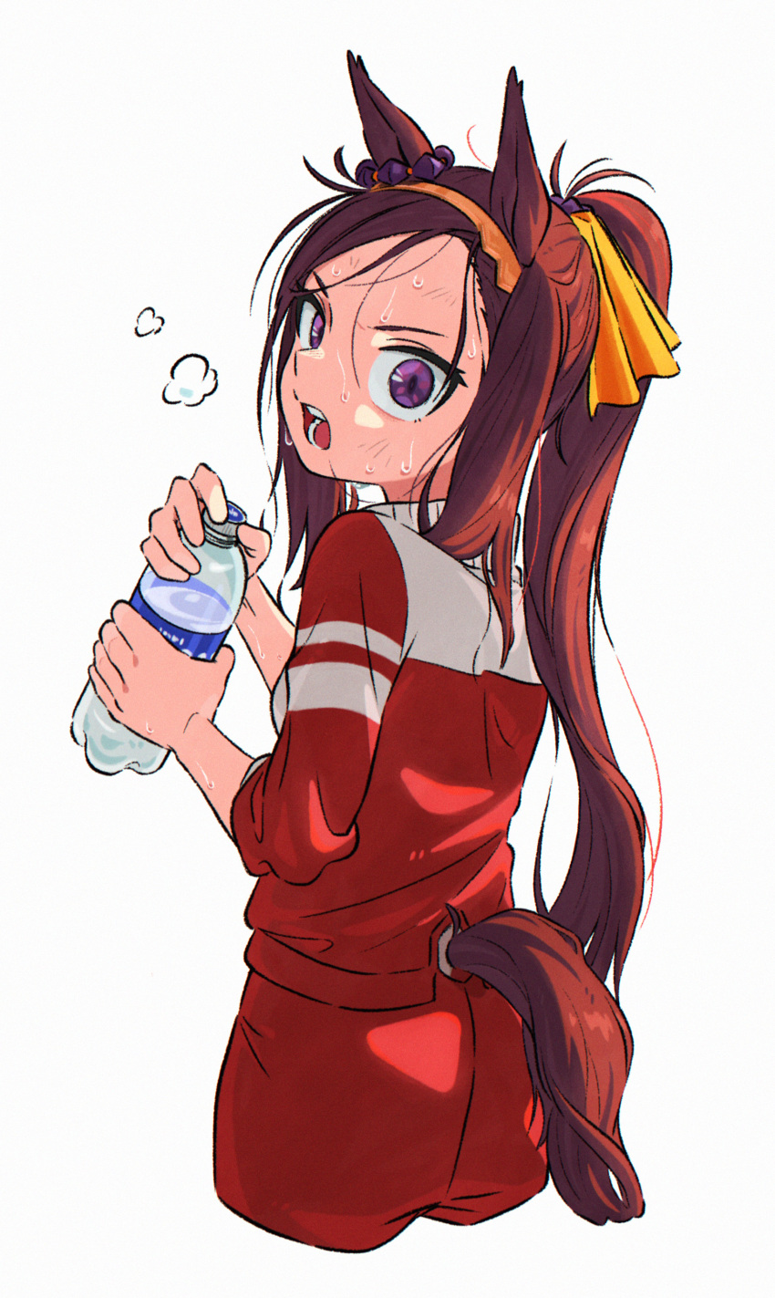 1girl absurdres animal_ears appleq bottle breasts brown_hair cropped_legs from_behind hairband highres holding holding_bottle horse_ears horse_girl horse_tail jacket long_hair looking_at_viewer looking_back messy_hair open_clothes open_jacket open_mouth pants ponytail red_jacket red_pants sakura_bakushin_o_(umamusume) sleeves_pushed_up small_breasts solo sweat tail tail_through_clothes umamusume violet_eyes water_bottle white_background