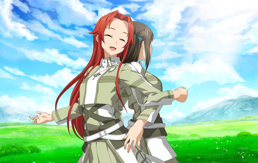 2girls :d ^_^ back-to-back blue_ribbon breasts brown_hair closed_eyes clouds cropped_jacket day floating_hair hair_intakes hair_ribbon locked_arms long_hair long_sleeves medium_breasts multiple_girls open_mouth outdoors pleated_skirt redhead ribbon ronye_arabel shirt skirt smile standing straight_hair sword_art_online sword_art_online:_alicization tiese_schtrinen very_long_hair wing_collar