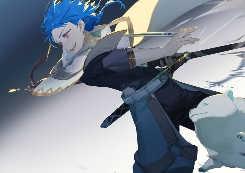 1boy age_regression aged_down animal blue_hair bodysuit bodysuit_under_clothes braid braided_ponytail capelet child cu_chulainn_(fate) dog earrings fate/grand_order fate_(series) highres holding holding_polearm holding_weapon hood hooded_capelet jewelry male_child male_focus multicolored_hair muscular muscular_child nakii polearm puffy_pants puppy red_eyes samoyed_(dog) setanta_(fate) simple_background smile spiky_hair sword two-tone_hair weapon white_background white_dog