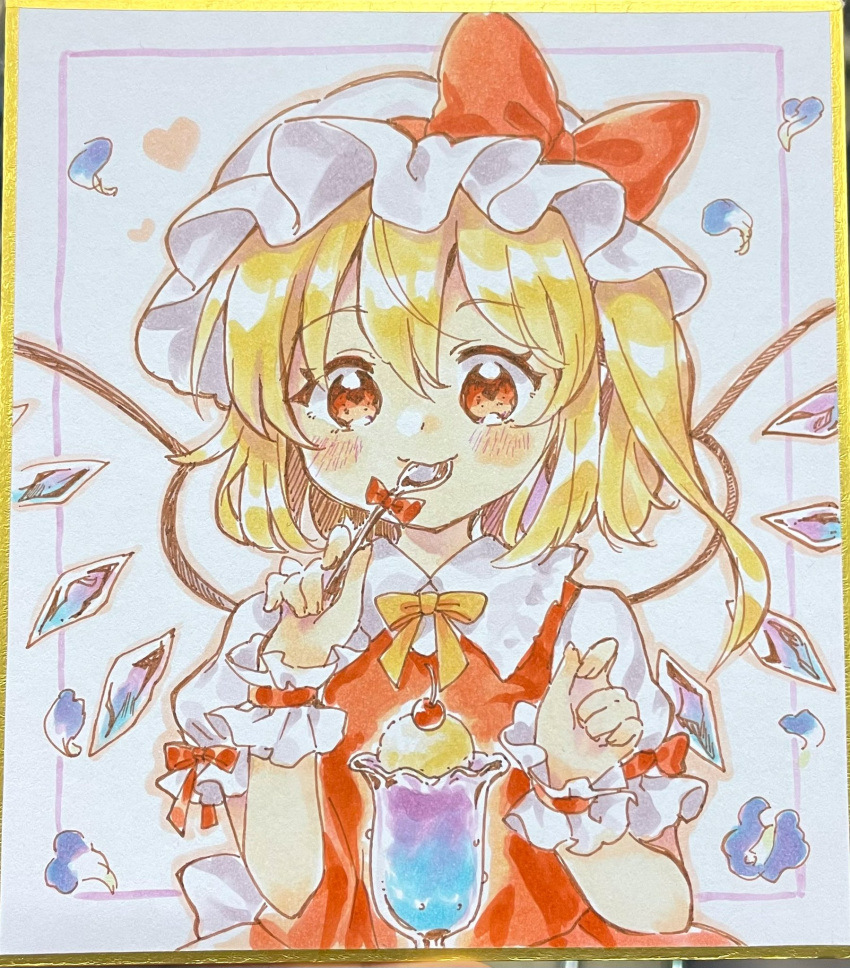 1girl blonde_hair blush bow bowtie crystal eating flandre_scarlet flat_chest hair_between_eyes hands_up hat hat_bow highres holding holding_spoon looking_down medium_hair mimi_(mimi_puru) mob_cap one_side_up parfait petals puffy_short_sleeves puffy_sleeves red_bow red_eyes red_vest short_sleeves smile solo spoon spoon_bow touhou traditional_media upper_body utensil_in_mouth vest wings wrist_cuffs yellow_bow yellow_bowtie