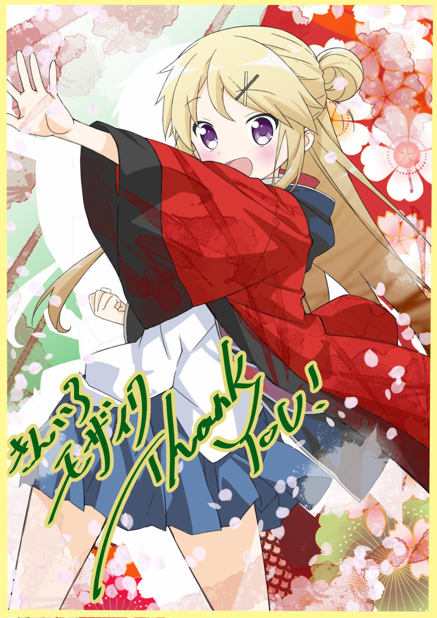 1girl :d blonde_hair blue_jacket blue_skirt clenched_hand commentary_request cowboy_shot english_text floating_hair floral_background grey_eyes hair_bun hair_ornament hairclip highres hood hood_down jacket japanese_clothes kin-iro_mosaic kujou_karen light_blush long_hair looking_at_viewer messy_hair mixed-language_text multicolored_clothes multicolored_jacket official_alternate_costume official_art open_hand outstretched_hand ozeki_miyabi pleated_skirt pose_request school_uniform shirt skirt smile solo standing thank_you translation_request two-tone_jacket untucked_shirt very_long_hair violet_eyes white_shirt winter_uniform x_hair_ornament