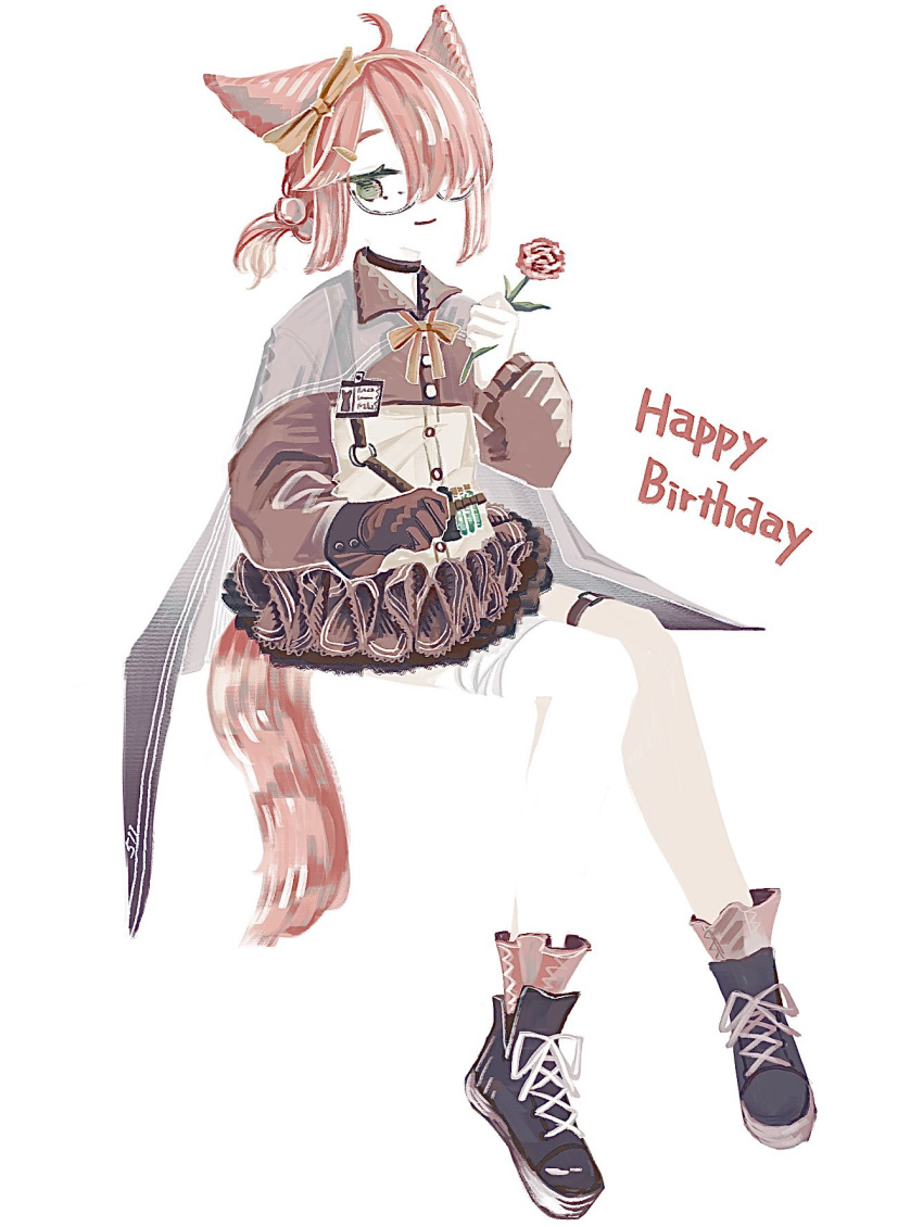 1girl animal_ears arknights bandaged_leg bandages black_footwear blending brown_shirt brown_skirt brown_socks cape cat_ears cat_tail colored_skin green_eyes grey_cape hair_ribbon happy_birthday highres invisible_chair long_sleeves looking_at_viewer mugioec myrrh_(arknights) neck_ribbon pink_hair puffy_long_sleeves puffy_sleeves ribbon shirt shoes short_hair short_ponytail simple_background sitting skirt smile socks solo tail thigh_strap white_background white_skin yellow_ribbon