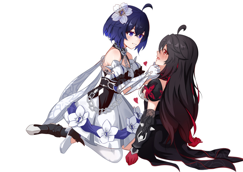 2girls :d absurdres ahoge bare_shoulders black_dress blush bob_cut boots bu_weizhuang dress flower full_body gloves grin hair_flower hair_ornament hand_on_another's_chin heart highres honkai_(series) honkai_impact_3rd long_hair multiple_girls open_mouth red_gloves seele_(alter_ego) seele_vollerei seele_vollerei_(starchasm_nyx) seele_vollerei_(stygian_nymph) selfcest simple_background smile teeth thigh-highs thigh_boots white_background white_dress white_flower white_gloves white_thighhighs yuri