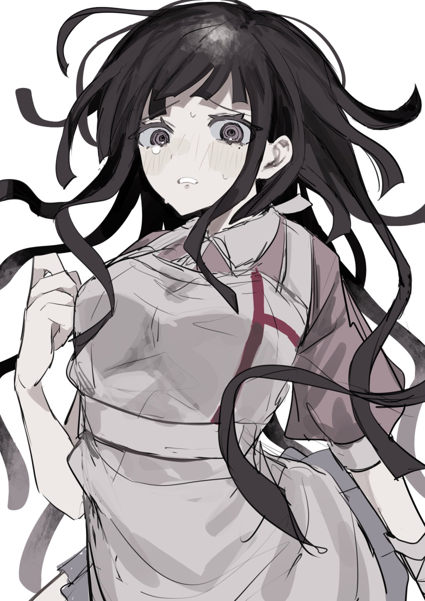 1girl apron black_hair blush collared_shirt cowboy_shot danganronpa_(series) danganronpa_2:_goodbye_despair grey_apron hand_up highres long_hair mole mole_under_eye pink_shirt sad shirt short_sleeves solo sweat tears teeth tsumiki_mikan two-tone_shirt wa_noko