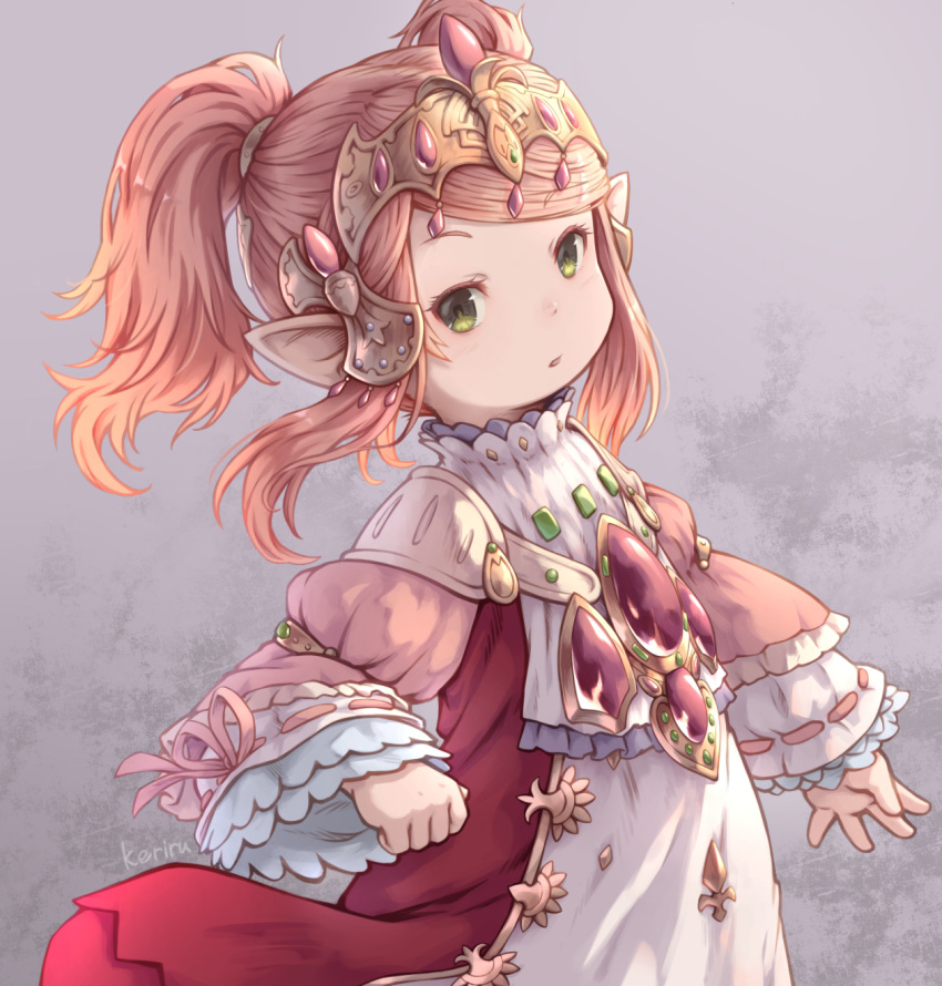 1girl dress final_fantasy final_fantasy_xiv gem green_eyes grey_background highres jewelry khell lalafell long_hair long_sleeves nanamo_ul_namo pink_hair pink_sleeves pointy_ears red_dress simple_background solo tiara twintails two-tone_dress white_dress
