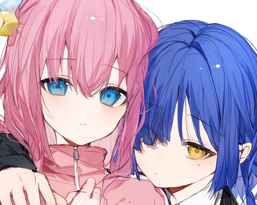 2girls blue_hair blush bocchi_the_rock! cube_hair_ornament gotou_hitori hair_ornament hair_over_one_eye hand_on_another's_shoulder highres jacket looking_at_viewer mole mole_under_eye multiple_girls pink_hair pink_jacket simple_background suashi white_background yamada_ryou