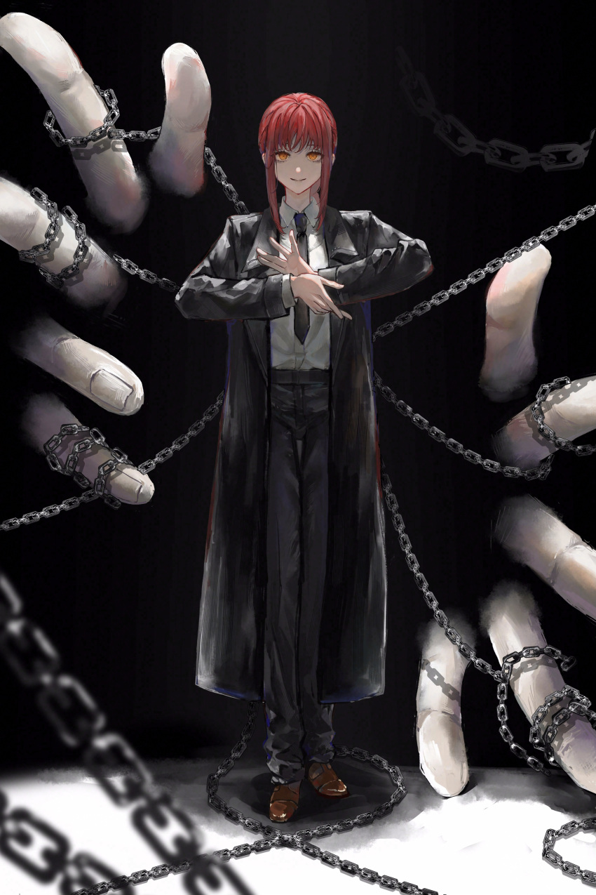 1girl absurdres black_background black_coat black_necktie black_pants black_suit braid braided_ponytail brown_footwear chain chainsaw_man chinese_commentary coat collared_shirt commentary_request disembodied_limb formal full_body ghost_hands highres long_sleeves looking_at_viewer makima_(chainsaw_man) medium_hair necktie own_hands_together pants parted_lips redhead shirt shoes sidelocks single75 smile solo standing straight-on suit white_shirt yellow_eyes
