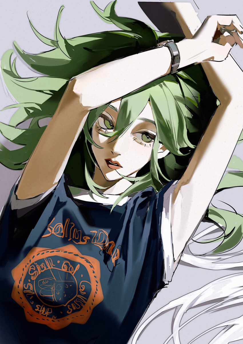 1girl 1other arms_up byleth_(female)_(fire_emblem) byleth_(fire_emblem) caicaicaicai_ni_caicai contemporary fire_emblem fire_emblem:_three_houses green_eyes green_hair grey_background hair_between_eyes highres lying shirt simple_background solo t-shirt watch watch white_hair