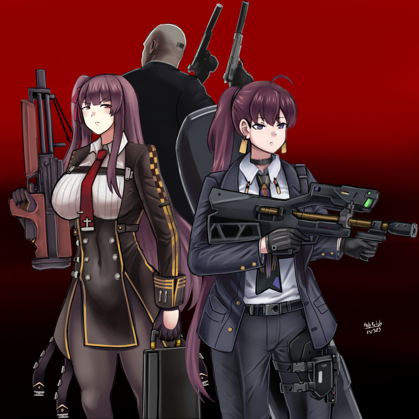 1boy 2girls absurdres agent_47 bald bullpup crossover dated dolla_(nikke) dual_wielding earrings formal girls_frontline goddess_of_victory:_nikke gradient_background gun handgun highres hitman_(game) holding holding_gun holding_weapon holy_light jewelry m1911 multiple_girls one_side_up pant_suit pants ponytail rifle science_fiction signature sniper_rifle suit suppressor trait_connection trigger_discipline wa2000_(girls'_frontline) walther walther_wa_2000 weapon