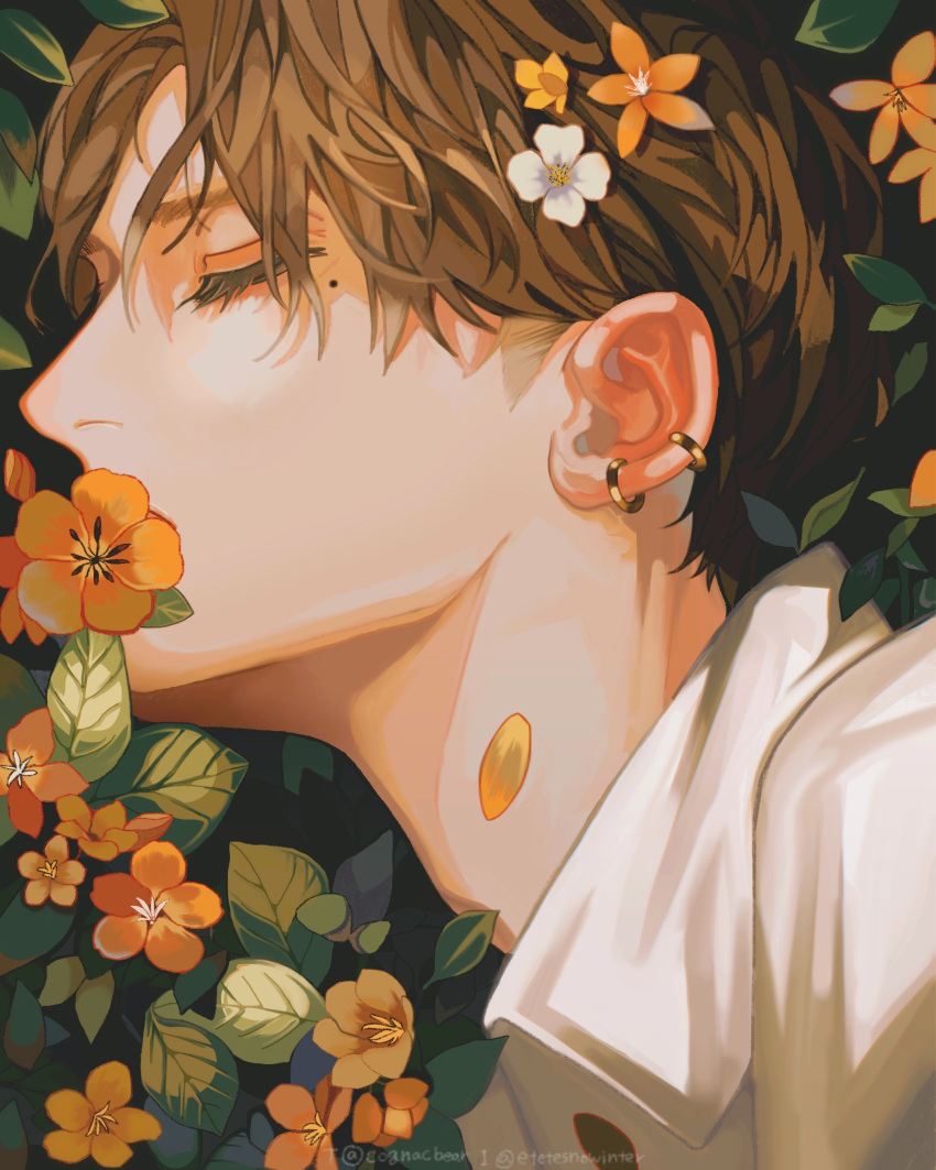 1boy absurdres brown_hair closed_eyes cognacbear collared_shirt covered_mouth ear_piercing flower flower_on_head highres leaf male_focus mole mole_under_eye original piercing portrait shirt short_hair sleeping solo white_shirt