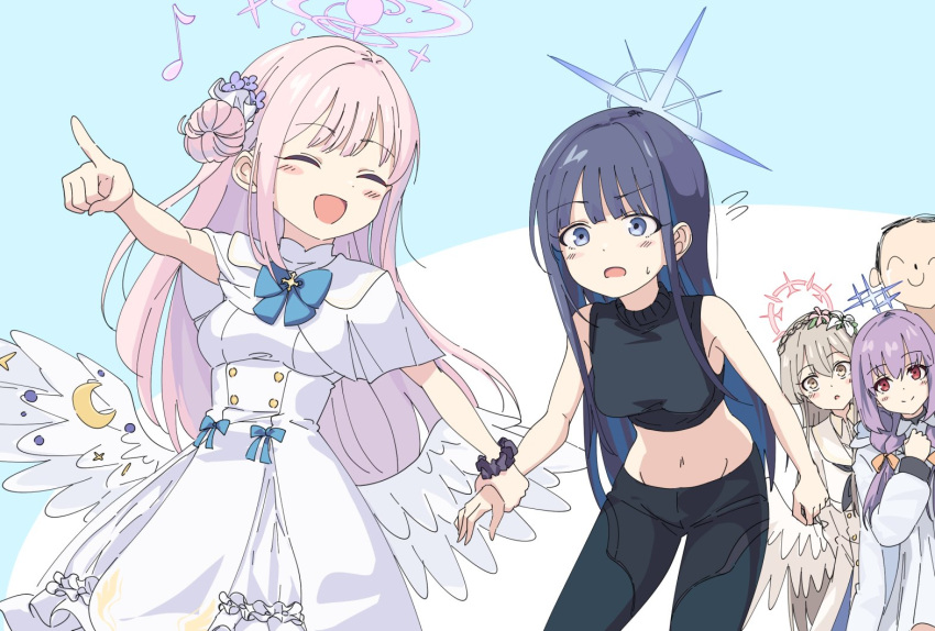 1boy 3girls :d ^_^ angel_wings arona's_sensei_doodle_(blue_archive) atsuko_(blue_archive) black_hair black_pants blue_archive blue_eyes blunt_bangs bow braid closed_eyes colored_inner_hair commentary_request confused feathered_wings flower flying_sweatdrops grey_eyes grey_hair hair_between_eyes hair_bow hair_bun hair_flower hair_ornament hair_ribbon hair_scrunchie halo holding_hands leaning_forward long_hair long_sleeves low_twintails mika_(blue_archive) momomatang multicolored_hair multiple_girls nagisa_(blue_archive) navel one_side_up pants pink_hair pointing purple_hair red_eyes ribbon saori_(blue_archive) school_uniform scrunchie sensei_(blue_archive) serafuku sidelocks simple_background single_side_bun sleeveless smile stomach sweatdrop twin_braids twintails two-tone_hair white_wings wings