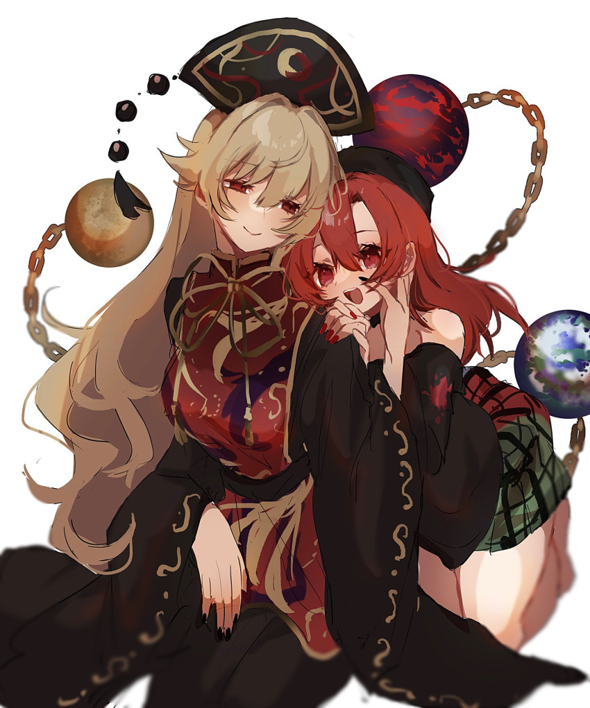 2girls ayahi_4 blonde_hair closed_mouth hecatia_lapislazuli highres junko_(touhou) long_hair multiple_girls open_mouth red_eyes red_nails redhead simple_background smile touhou white_background