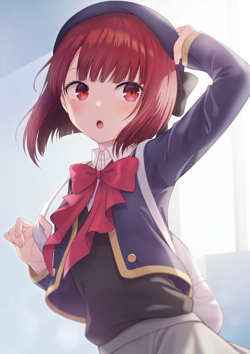1girl :o absurdres arima_kana arm_up backlighting beret blue_headwear blue_jacket blush bow collared_shirt commentary_request day dress_shirt grey_skirt hand_on_headwear hat highres indoors jacket open_clothes open_jacket oshi_no_ko parted_lips red_bow red_eyes redhead shirt skirt solo sunlight sweater_vest white_shirt window yuusa