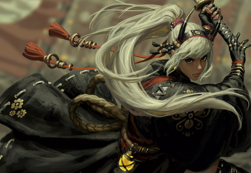 1girl armor bell black_eyes black_gloves black_kimono closed_mouth eyeshadow floral_print from_behind gauntlets gloves gold_trim guweiz hands_up headdress headpiece highres holding horns japanese_armor japanese_clothes jingle_bell katana kimono kote long_hair long_sleeves looking_at_viewer looking_back makeup obi ootachi original ponytail rain rope sash shimenawa sidelocks solo swept_bangs sword two-handed weapon white_hair