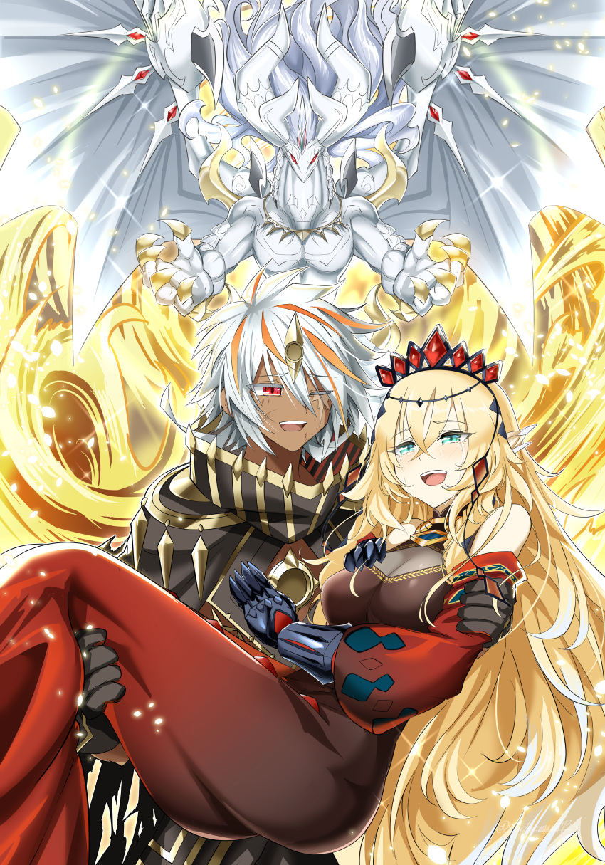1boy 1girl absurdres albion_the_sanctifire_dragon blonde_hair blue_eyes carrying claws dark_skin dragon dress duel_monster ecclesia_(yu-gi-oh!) fallen_of_albaz gauntlets happy_tears highres horns incredible_ecclesia_the_virtuous jewelry long_hair necklace one_eye_closed pointy_ears princess_carry red_dress red_eyes scar synchroman tears tiara very_long_hair white_hair white_wings wings yu-gi-oh!