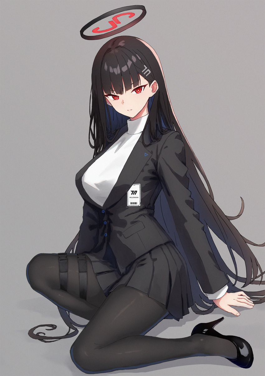 1girl black_hair black_pantyhose black_skirt blue_archive blunt_bangs breasts hair_ornament halo herfstijl high_heels highres large_breasts long_hair long_sleeves looking_at_viewer pantyhose pleated_skirt red_eyes rio_(blue_archive) skirt solo sweater turtleneck turtleneck_sweater white_sweater