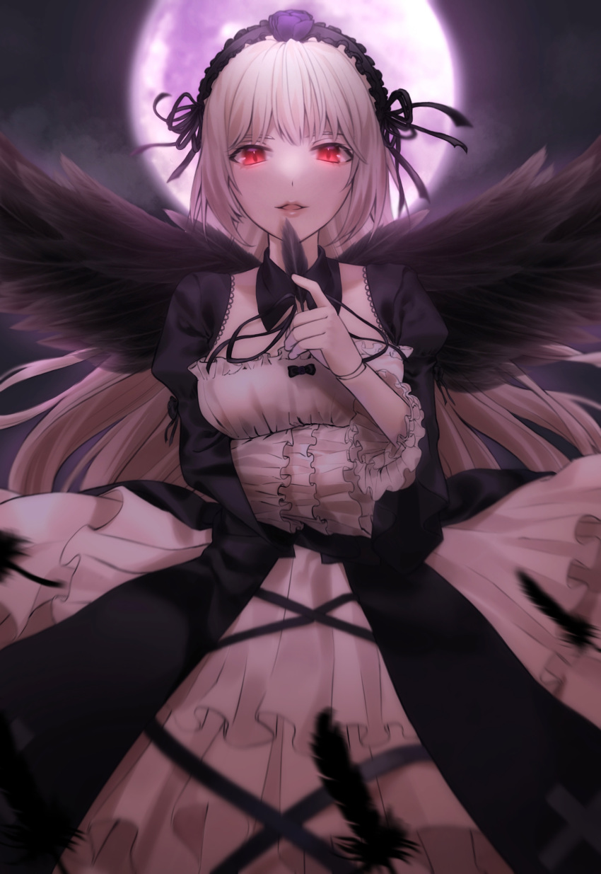 1girl absurdres arm_under_breasts black_dress black_feathers black_hairband black_ribbon black_wings breasts commentary doll_joints dress feathered_wings feathers feet_out_of_frame flower frilled_dress frilled_sleeves frills full_moon gen_(gen03010818) gothic_lolita grey_hair hairband hand_up highres holding holding_feather joints lolita_fashion lolita_hairband long_hair long_sleeves looking_at_viewer medium_breasts moon open_mouth purple_flower red_eyes ribbon rozen_maiden solo suigintou wings