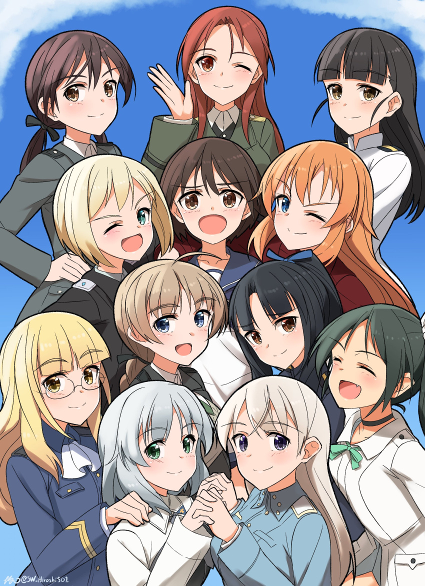 6+girls absurdres black_hair blonde_hair blue_eyes blush bow braid braided_ponytail charlotte_e._yeager closed_eyes closed_mouth eila_ilmatar_juutilainen erica_hartmann fang francesca_lucchini gertrud_barkhorn glasses green_hair hair_bow hand_on_another's_shoulder hand_on_own_hip hattori_shizuka highres hiroshi_(hunter-of-kct) holding_hands interlocked_fingers long_hair looking_at_viewer lynette_bishop military military_uniform minna-dietlinde_wilcke miyafuji_yoshika multiple_girls neckerchief one_eye_closed open_mouth orange_hair perrine_h._clostermann ponytail red_eyes redhead sakamoto_mio sanya_v._litvyak short_hair signature sky smile strike_witches twintails uniform white_hair world_witches_series yellow_eyes