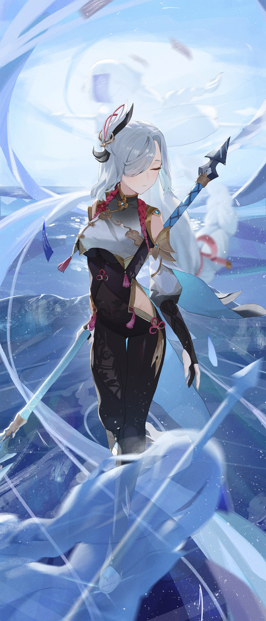1girl absurdres bodysuit breasts character_request closed_eyes closed_mouth collar fingernails full_body genshin_impact grey_hair hair_ornament hair_over_one_eye highres holding holding_weapon kji_(rozo) long_hair long_sleeves outdoors puffy_long_sleeves puffy_sleeves solo standing weapon