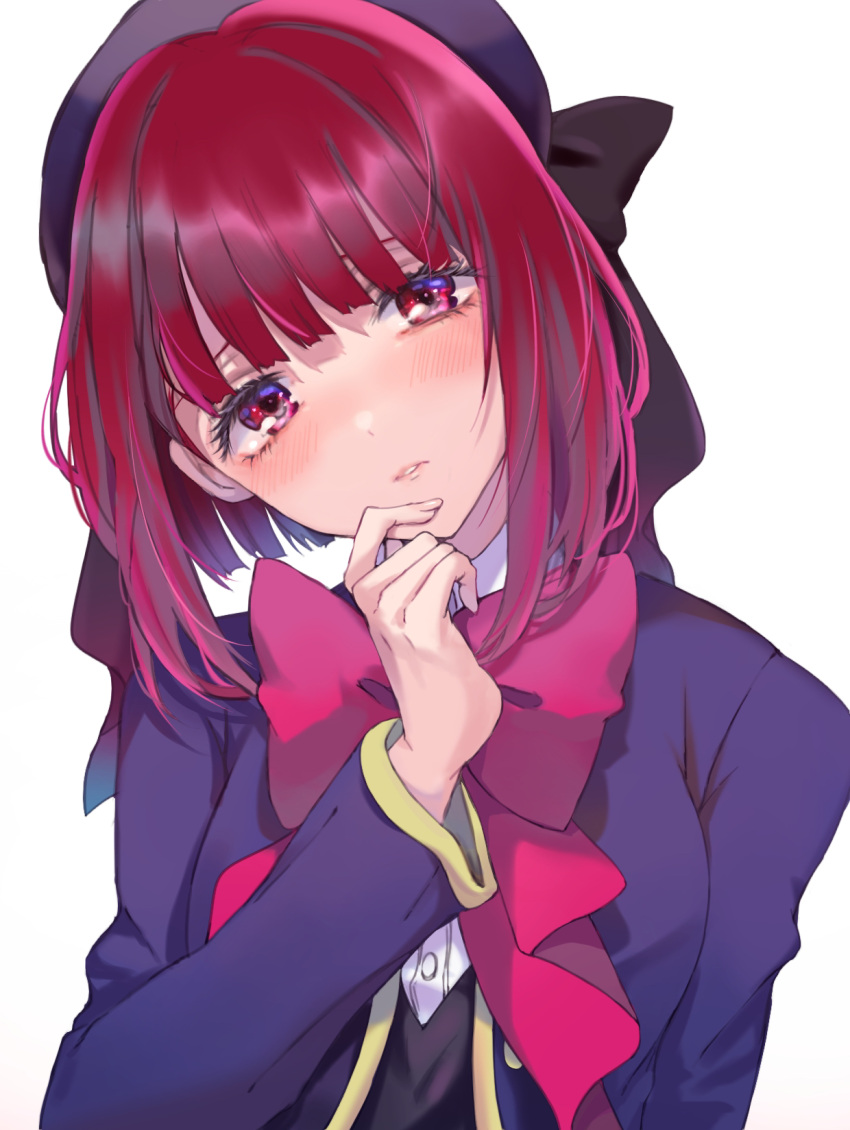 1girl arima_kana beret black_bow black_ribbon black_vest blue_headwear blue_jacket blunt_bangs blush bow collared_shirt commentary hand_on_own_chin hat hat_bow head_tilt highres jacket kayanogura long_sleeves oshi_no_ko parted_lips pink_bow pink_ribbon red_eyes redhead ribbon school_uniform shirt short_hair simple_background solo symbol-only_commentary vest white_background white_shirt youtou_high_school_uniform