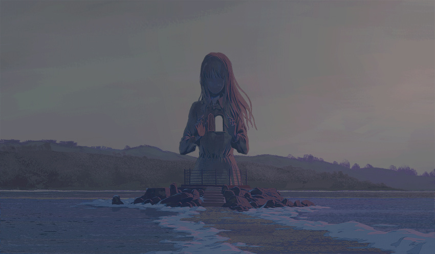animated animated_gif chinese_commentary collared_dress commentary_request door dress evening faceless grey_sky hands_up highres horizon lake long_hair looping_animation no_humans original outdoors railing rock scenery shooting_star sky stairs statue surreal water wujing_f