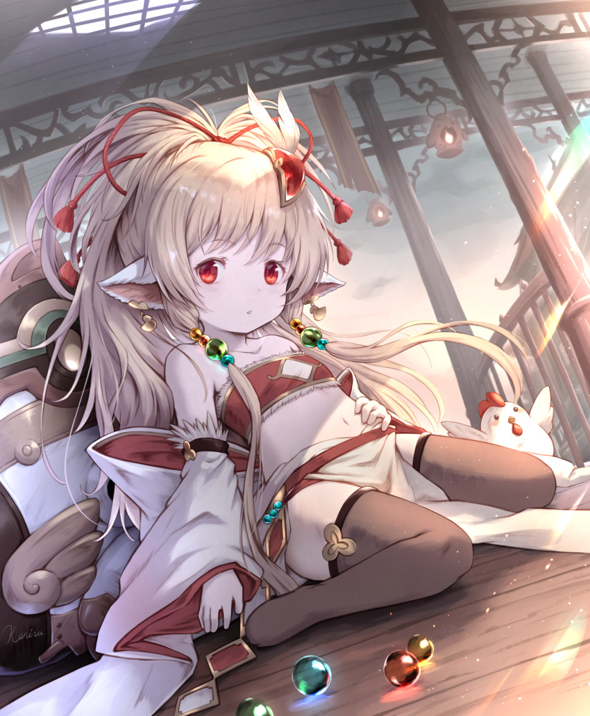 1girl animal_ears bandeau bare_shoulders beads bird black_thighhighs blonde_hair card chicken detached_sleeves earrings gem granblue_fantasy hair_beads hair_ornament hand_on_own_stomach harvin highres jewelry khell long_hair looking_at_viewer mahira_(granblue_fantasy) marble_(toy) midriff navel no_shoes pelvic_curtain playing_card ponytail red_eyes sitting solo thigh-highs thighs wariza white_sleeves wooden_floor