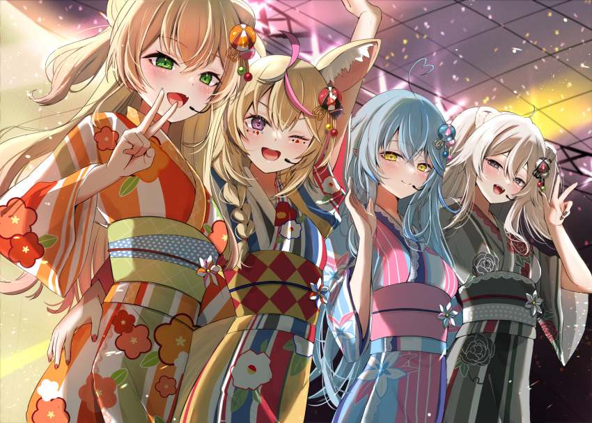 4girls ahoge alternate_costume animal_ear_fluff animal_ears arm_up black_hair black_nails blonde_hair blue_hair blue_kimono blush braid closed_mouth commentary cowboy_shot double-parted_bangs double_bun elf facial_mark fang fangs floral_print fox_ears fox_girl gradient_hair green_eyes grey_hair grey_kimono hair_between_eyes hair_bobbles hair_bun hair_ornament hair_over_shoulder hand_on_another's_hip hand_up heart heart-shaped_pupils heart_ahoge highres hololive japanese_clothes kimono lion_ears lion_girl long_hair long_sleeves looking_at_viewer medium_hair microphone momosuzu_nene multicolored_clothes multicolored_hair multicolored_kimono multiple_girls nail_polish nepolabo nerorigogo obi omaru_polka one_eye_closed open_mouth orange_kimono outstretched_arm pink_hair pink_kimono pointy_ears print_kimono red_nails sash shishiro_botan short_sleeves side_braid sidelocks single_braid skin_fang smile stage standing streaked_hair symbol-shaped_pupils teeth two_side_up upper_teeth_only v violet_eyes virtual_youtuber w wide_sleeves yellow_eyes yukihana_lamy