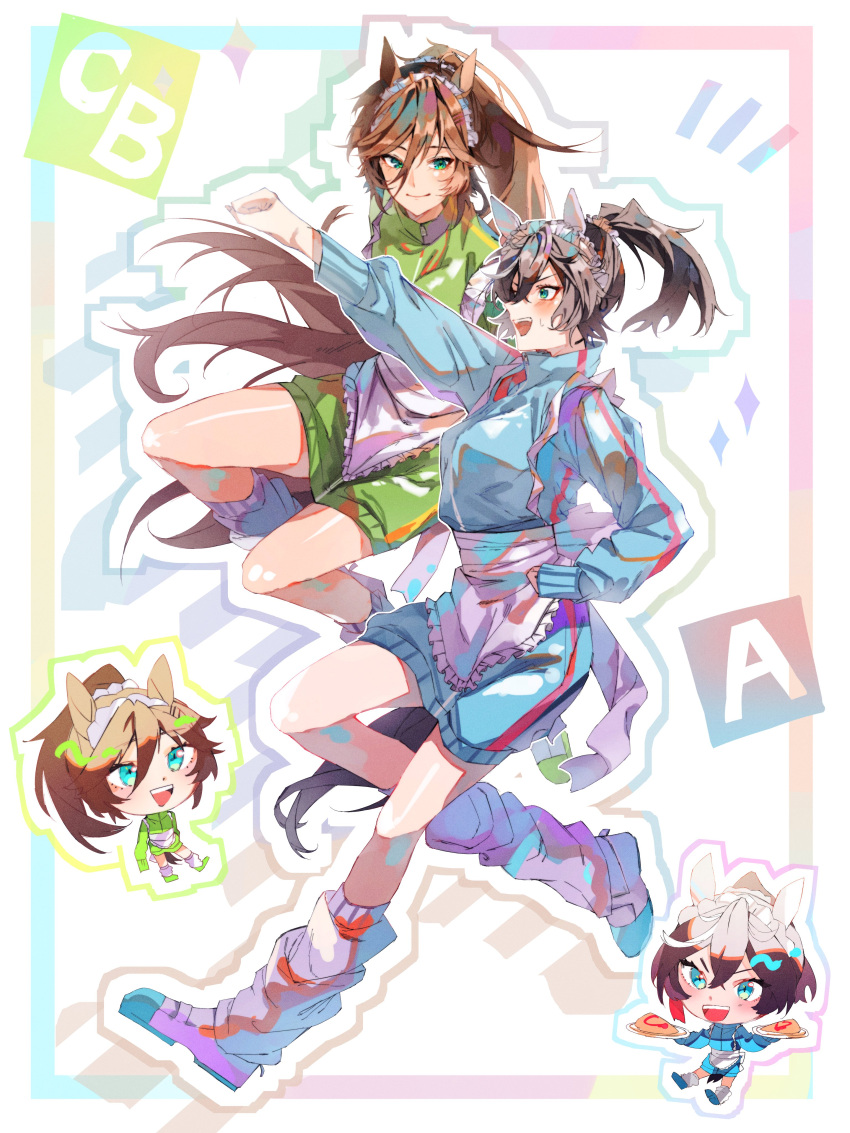 2girls absurdres animal_ears apron black_hair blue_jacket blue_shorts breasts brown_hair chibi chibi_inset clenched_hands closed_mouth green_eyes green_jacket green_shorts hair_between_eyes highres horse_ears horse_girl horse_tail jacket katsuragi_ace_(umamusume) long_hair long_sleeves looking_at_another loose_socks maid_headdress mr._c.b._(umamusume) multiple_girls outline outstretched_arms shoes short_hair shorts small_breasts smile socks sweat tail tsuisatorezo umamusume v-shaped_eyebrows waist_apron