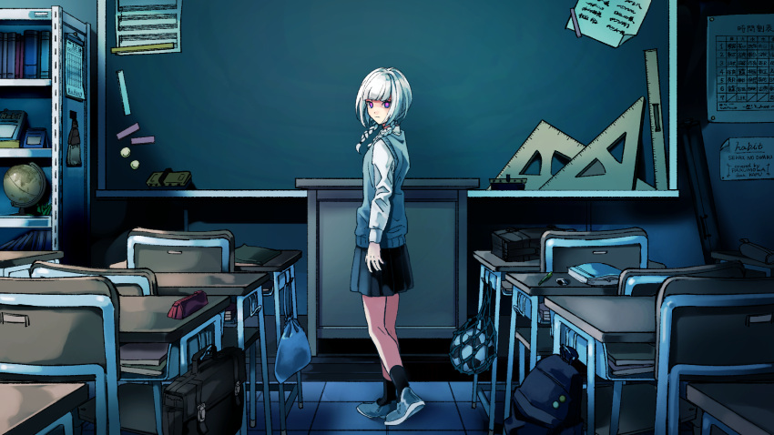 1girl backpack bag ball black_skirt black_socks blue_eyes blue_sweater_vest blunt_bangs board_eraser braid bright_pupils cevio chalkboard classroom closed_mouth commentary_request desk english_commentary expressionless from_side full_body globe heel_up highres indoors kafu_(cevio) kamitsubaki_studio lectern long_sleeves looking_at_viewer looking_to_the_side low_twin_braids mixed-language_commentary multicolored_eyes pencil_case pink_eyes pleated_skirt ruler school_bag school_desk school_uniform shelf shirt shoes skirt sneakers soccer_ball socks solo sweater_vest tile_floor tiles tomizu twin_braids white_hair white_pupils white_shirt wide_shot