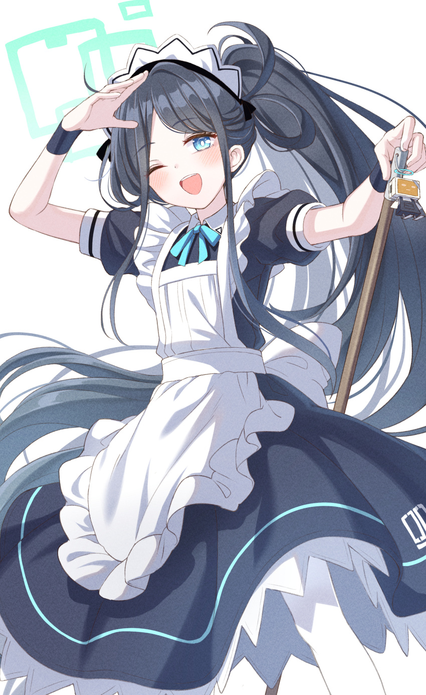 1girl absurdres apron aqua_ribbon aris_(blue_archive) aris_(maid)_(blue_archive) black_wristband blue_archive blue_eyes blush broom dot_nose frilled_apron frills halo highres holding holding_broom keychain long_hair long_sleeves looking_at_viewer maid maid_apron maid_headdress neck_ribbon official_alternate_costume one_eye_closed open_mouth pantyhose ponytail puffy_short_sleeves puffy_sleeves ribbon short_sleeves sidelocks simple_background solo teeth upper_teeth_only very_long_hair warojiku white_background white_pantyhose