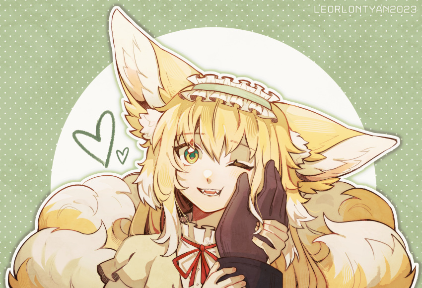 1girl 1other absurdres animal_ear_fluff animal_ears aqua_hairband arknights blonde_hair cardigan commentary english_commentary fangs fox_ears fox_girl fox_tail frilled_hairband frills green_background green_eyes hairband hand_on_another's_cheek hand_on_another's_face heart highres kitsune kyuubi leorlontyan long_hair multicolored_hair multiple_tails neck_ribbon official_alternate_costume one_eye_closed open_cardigan open_clothes open_mouth red_ribbon ribbon shirt solo_focus suzuran_(arknights) suzuran_(spring_praise)_(arknights) tail teeth two-tone_hair upper_body white_hair white_shirt yellow_cardigan