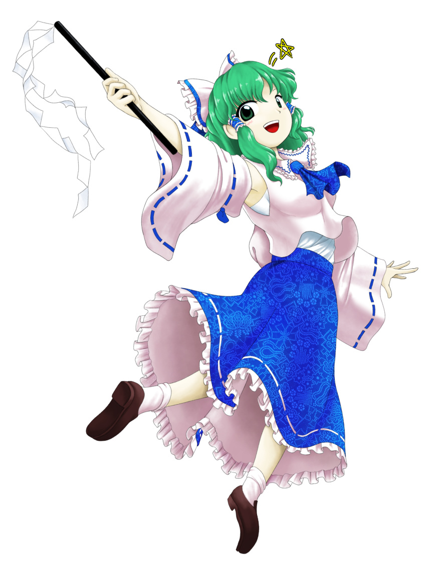 1girl :d adapted_costume alternate_color alternate_hairstyle arm_up ascot blue_ascot blue_ribbon blue_skirt bow breasts brown_footwear collared_shirt commentary_request cosplay costume_switch detached_sleeves frilled_bow frilled_shirt_collar frilled_skirt frills full_body gohei green_eyes green_hair hair_bow hair_tubes hakurei_reimu hakurei_reimu_(cosplay) highres holding holding_gohei kochiya_sanae long_hair long_sleeves looking_at_viewer medium_breasts nontraditional_miko official_style open_mouth parasite_oyatsu ribbon ribbon-trimmed_sleeves ribbon_trim shirt shoes sidelocks simple_background skirt sleeveless sleeveless_shirt smile socks standing star_(symbol) tachi-e touhou transparent_background undershirt white_bow white_shirt white_sleeves white_socks wide_sleeves zun_(style)