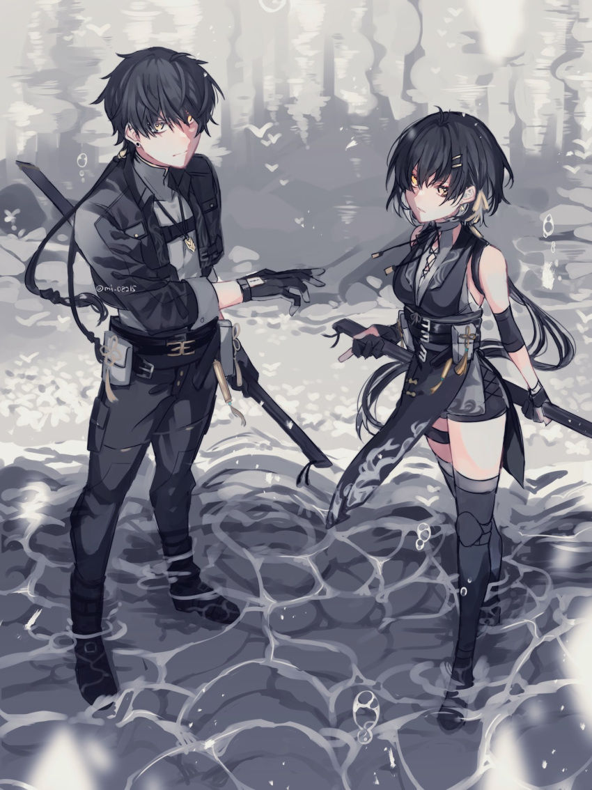 1boy 1girl belt black_footwear black_hair boots earrings female_rover_(wuthering_waves) flower frown gloves hair_ornament hairclip highres holding holding_sword holding_weapon jacket jewelry looking_at_viewer low_ponytail male_rover_(wuthering_waves) necklace reflection ribbon ripples sword water weapon wuthering_waves yellow_eyes