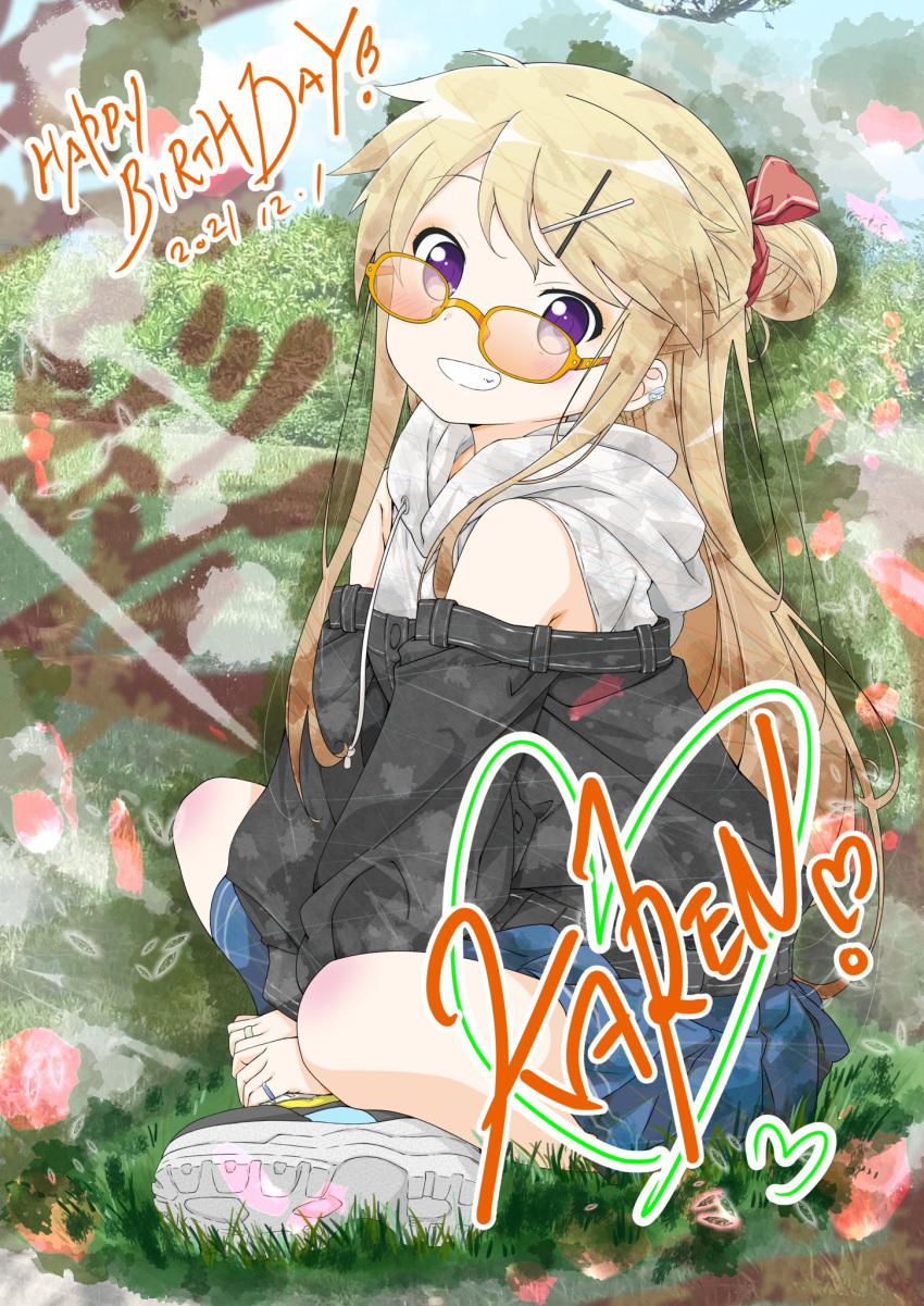 1girl :d arm_support armpit_crease black_jacket blonde_hair blue_skirt blue_socks bow breasts buttons character_name dated detached_sleeves earrings english_text falling_petals from_side glasses grass grey_eyes grey_hoodie grey_jacket grin hair_bun hair_ornament hairclip happy_birthday heart highres hood hood_down hoodie jacket jewelry kin-iro_mosaic knee_blush kujou_karen light_blush long_hair looking_at_viewer medium_breasts messy_hair multiple_rings off-shoulder_jacket off_shoulder official_alternate_costume official_art orange-framed_eyewear orange-tinted_eyewear outdoors ozeki_miyabi parted_lips petals plant pleated_skirt pose_request red_bow ring school_uniform shoes sitting skirt sleeveless sleeveless_hoodie smile sneakers socks solo teeth tinted_eyewear very_long_hair violet_eyes white_hoodie x_hair_ornament